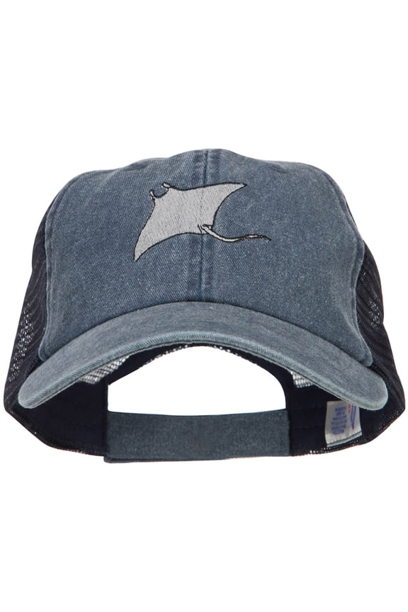 Manta Ray Embroidered Washed Trucker Cap - Navy Navy OSFM