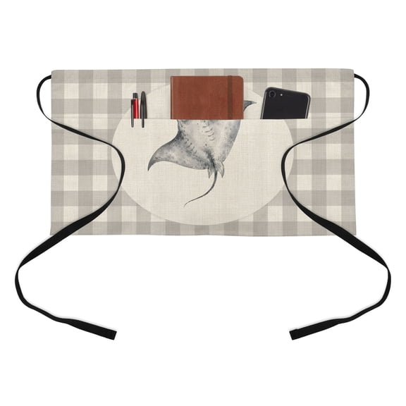 Manta Ray Kitchen Restaurant Half Waist Apron, Gray Plaid Modern Funny Animal Rustic Server Short Apron with 3 Pockets Waterproof Oil Waist Aprons for Women Waitress Waiter