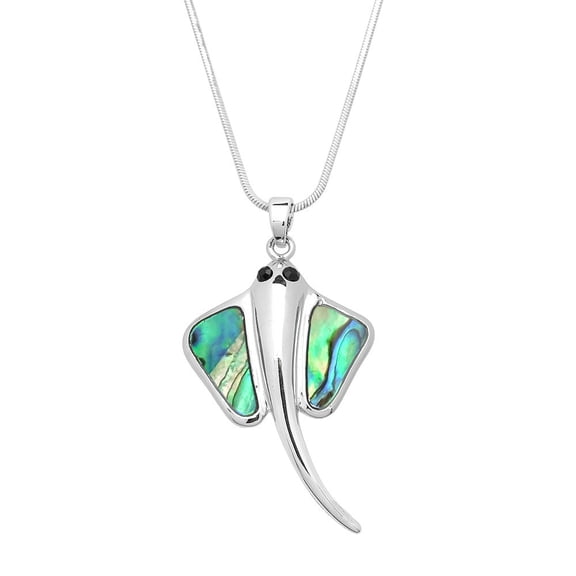 Manta Ray Pendant Necklace Earring Abalone Shell Rhodium Plated 17 Inch Snake Chain J0640