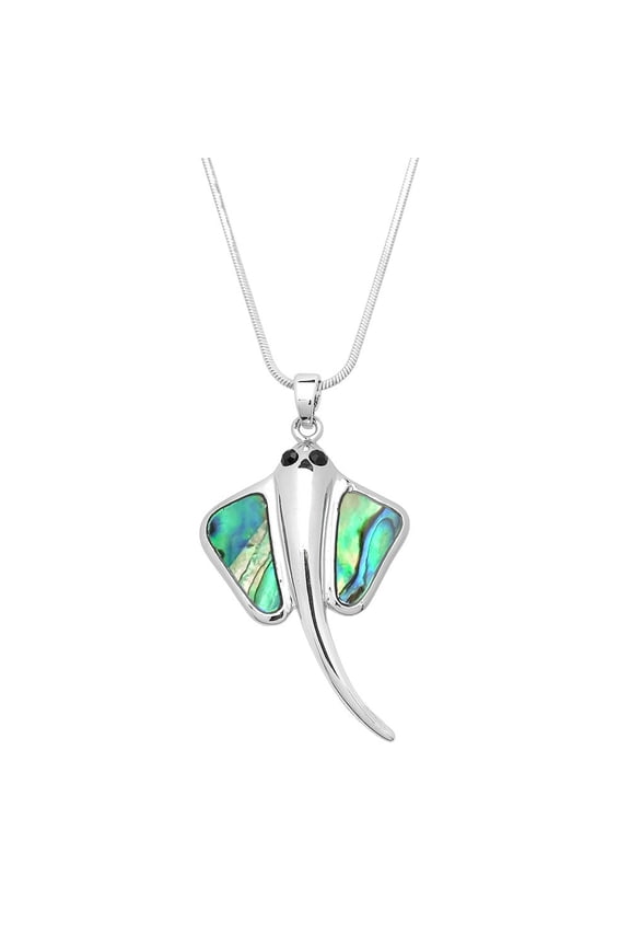 Manta Ray Pendant Necklace Earring Abalone Shell Rhodium Plated 17 Inch Snake Chain J0640