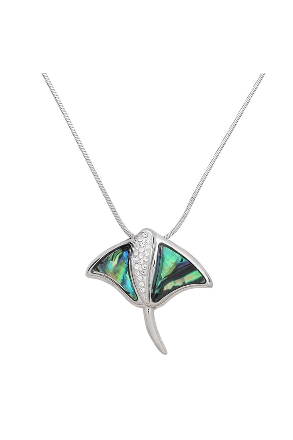 Manta Ray Pendant Necklace Green Abalone Shell Rhodium Plated 17 Inch Snake Chain J1153