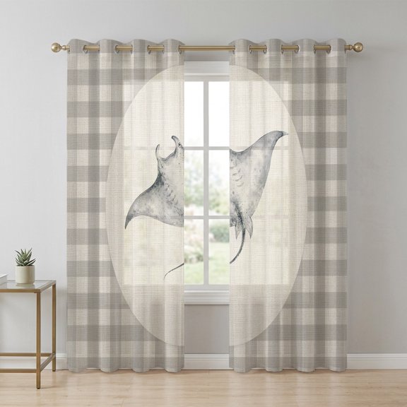 Manta Ray Sheer Curtains 96 Inch Long 2 Panels, Gray Plaid Modern Funny Animal Rustic Light Filtering Semi Sheer Drapes Grommet Voile Window Curtain for Living Bedroom W52 x L96