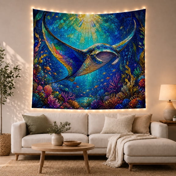 Manta Ray in Stained-Glass Ocean Mosaic, Majestic Boho for Ocean Lovers, Coastal Sea Life Wall Art, Birthday Gift, Tapestry Wall Hanging for Bedroom and Living Room