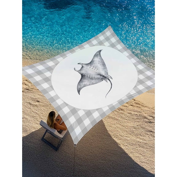 Manta Ray Sun Shade Sail 12' x 16', Gray Plaid Modern Funny Animal Rectangle Outdoor Sunshade Canopy, Waterproof UV Block Patio Covers for Garden Yard Beach
