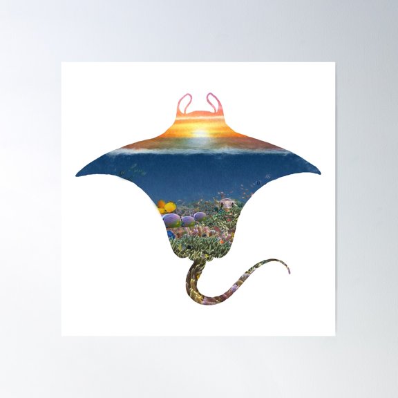 Manta Ray Sunset Reef Poster Wall Art, Modern Wall Decor For Living Room Bedroom, 30x30 UNFRAMED