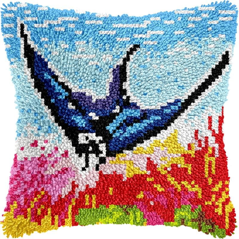 Manta Rays Latch Hook Pillow Kits Cushion Pillowcase with Pattern Printed Canvas Sofa Hooking Pillows Crafts Embroidery Latch Hooking Crochet Kits 17x17 inch(164)