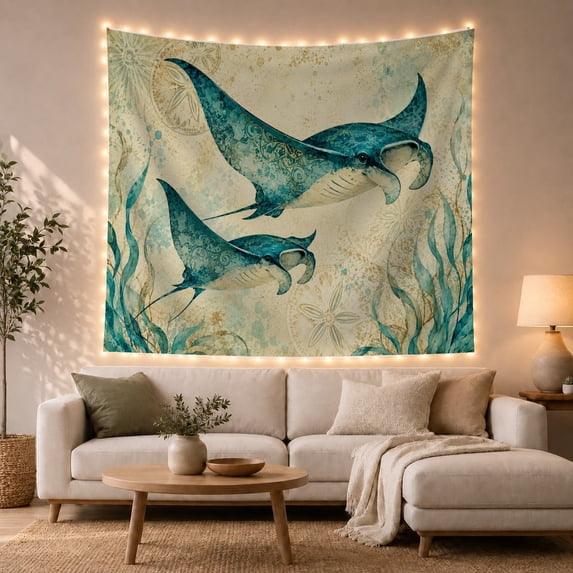 Manta Rays Swimming with Gracefully Through Underwater Upper, Mystical Fantasy for Space Lovers, Galaxy Room Decor, Housewarming Gift, Tapestry Wall Hanging for Bedroom and Dorm