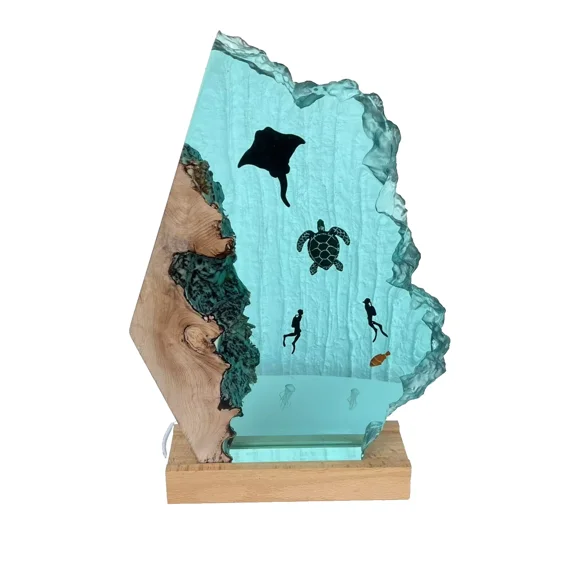 Manta Turtle And Epoxy Resin Wood Lamp Ocean Art Custom Nigh Light Home Decor