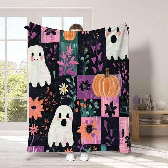 Manta de franela con estampado de fantasmas, manta tipo chal de Halloween, manta para todas las estaciones