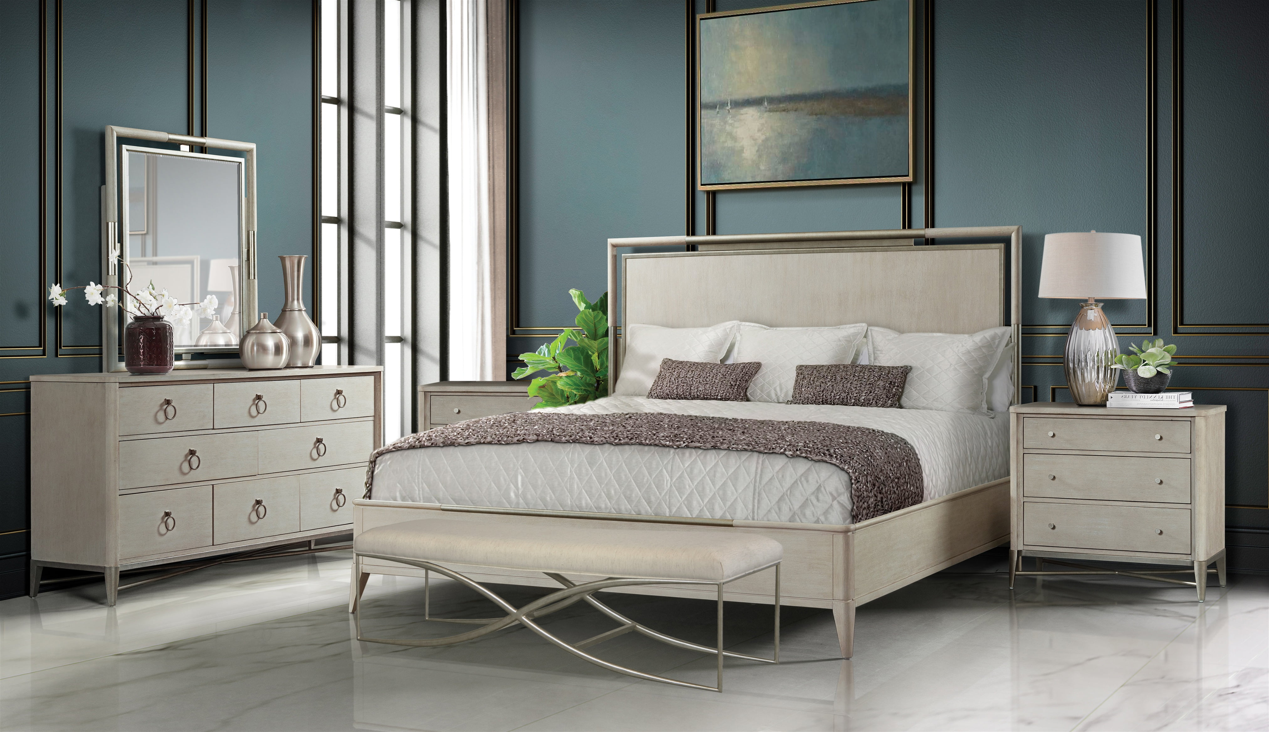 Mantalia Solid Wood Bedroom Set with Metal Frame King Bed Dresser Mirror Nightstand Chest and Bench Champagne B502KDMNCB Gray