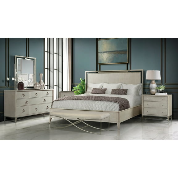 Mantalia Solid Wood Bedroom Set with Metal Frame, King Bed, Dresser, Mirror, 2 Nightstands, and Bench, Champagne