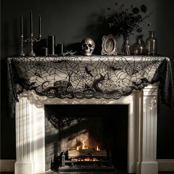 Mantel Cover, Halloween Woven Polyester 78 Inch, Easy Care Festive Print for Fireplace Shelf