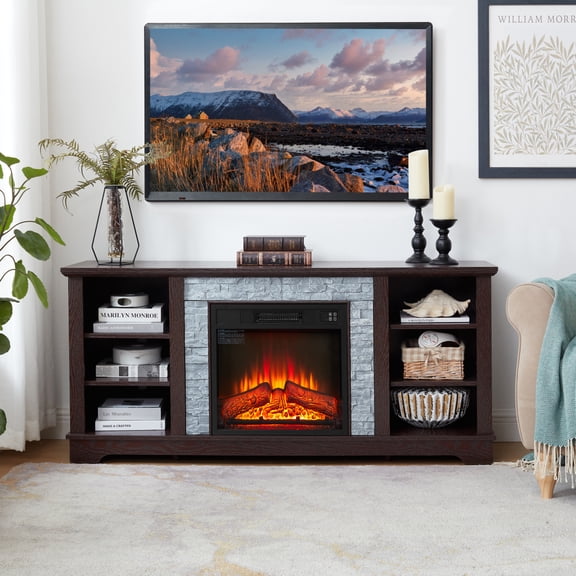 Mantel Electric Fireplace Stone TV Media Stand with Faux Stacked Stone Surround, Modern Entertainment Console with Open Storage Space with 18" Fireplace Insert ,Grey, 58.31"W*15.39"D*26.06"H No0915