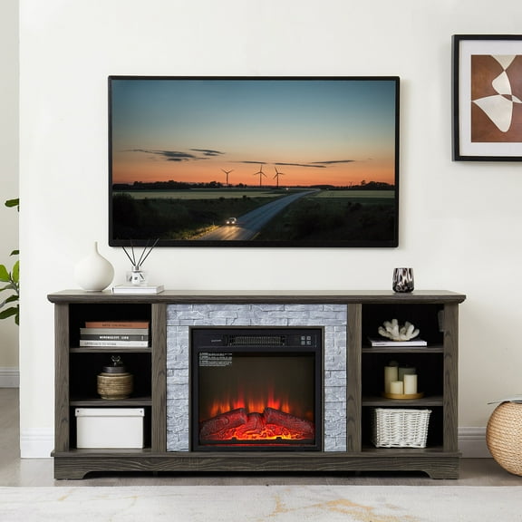 Mantel Electric Fireplace Stone TV Media Stand with Faux Stacked Stone Surround, Modern Entertainment Console with Open Storage Space with 18" Fireplace Insert