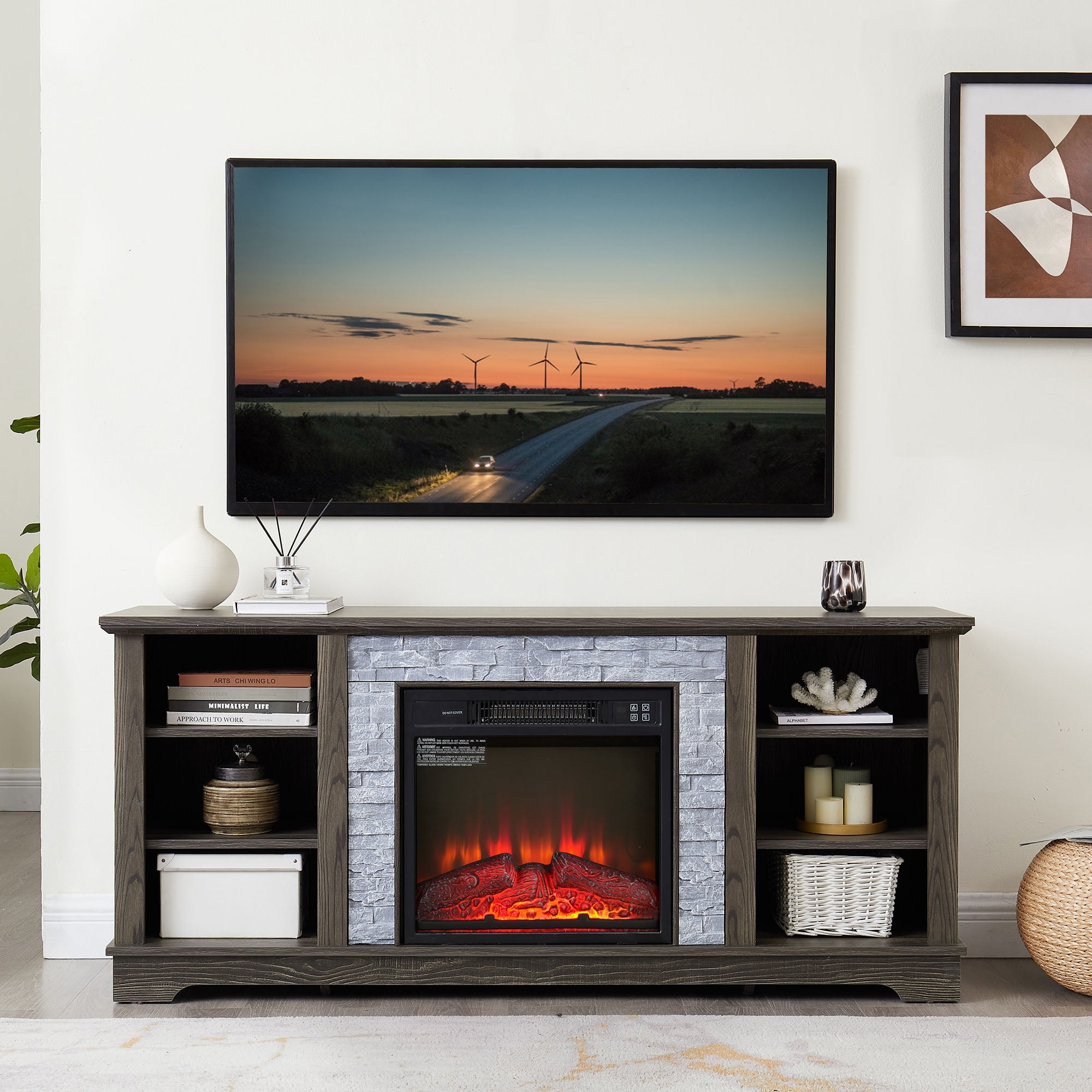 58 in. Freestanding Mantel Electric Fireplace TV Stand with Faux Stacked Stone Surround with 18 Fireplace Insert Grey