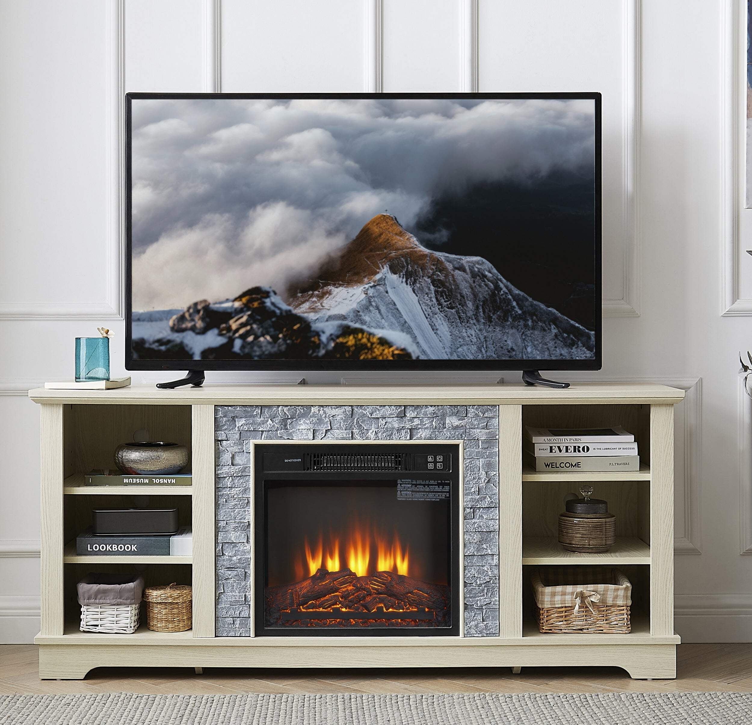 White MDF TV Stand with Faux Stone Fireplace Insert