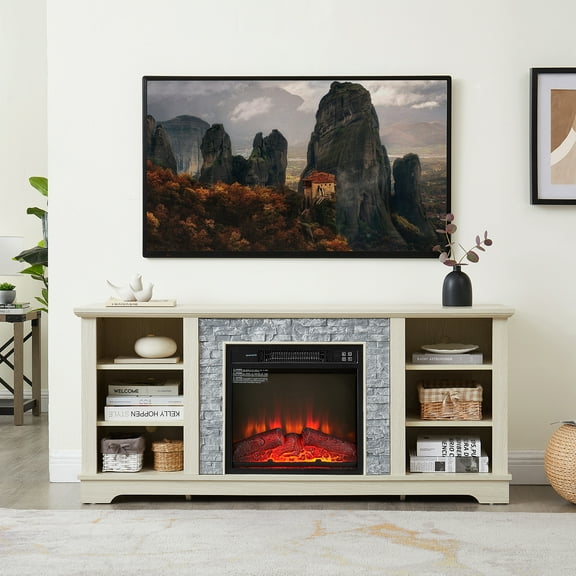 Mantel Electric Fireplace TV Stand with Faux Stone Surround, Modern Entertainment Console with Open Storage, Includes 18" Fireplace Insert