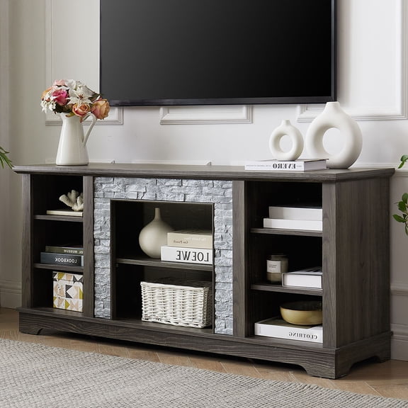 Mantel Stone TV Media Stand with with Faux Stacked Stone Surround, Modern Entertainment Console with Open Storage Space