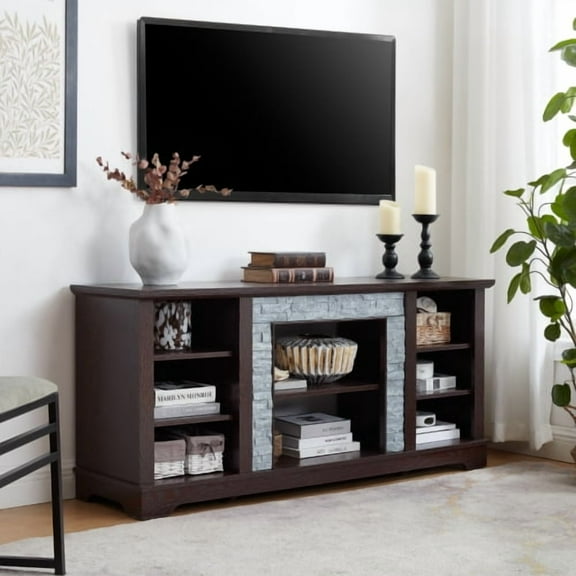 Mantel Stone TV Stand for TVs Up to 65", Faux Stacked Stone Entertainment Center with Storage & Cable Management, Modern Media Console, Cherry