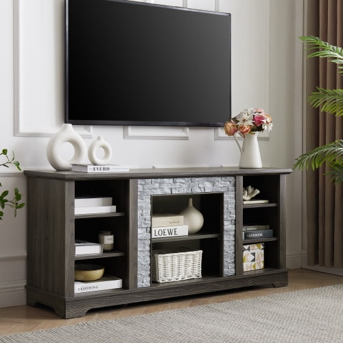 Mantel Stone TV Stand for TVs Up to 65", Faux Stacked Stone Entertainment Center with Storage & Cable Management, Modern Media Console, Grey