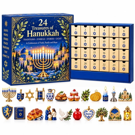 Mantel and Tabletop Displays 24 Treasures of Hanukkah 24 Drawer Collectible Calendar Gift 24 Mini 2D Acrylic Treasures in Numbered Drawers for Family Traditions Gifting