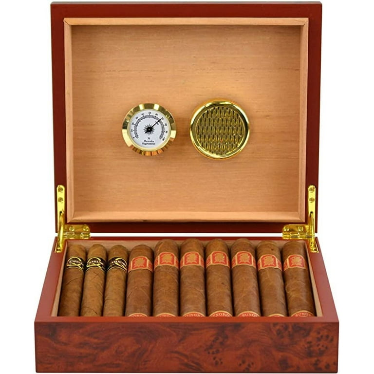 Mantello Cigar Humidor Cigar Boxes for 15-25 Cigars- Great Gift for Him  Cigar Humidor with Cherry Finish- Hygrometer and Cigar Box Humidifier  Included