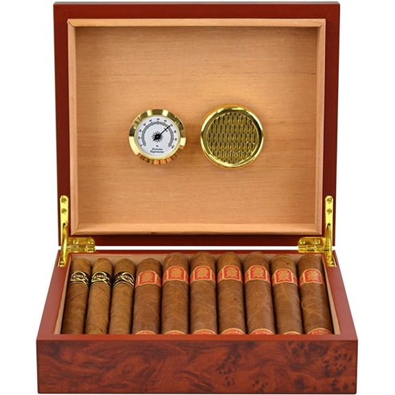 Mantello Cigar Humidor Cigar Boxes for 15-25 Cigars- Great Gift for Him Cigar Humidor with Cherry Finish- Hygrometer and Cigar Box Humidifier Included