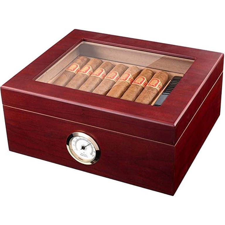 Mantello Large Tobacco Cigar Humidor - Glass-Top, Cedar Wood, Hygrometer,  Divider - Holds 25-50 Cigars