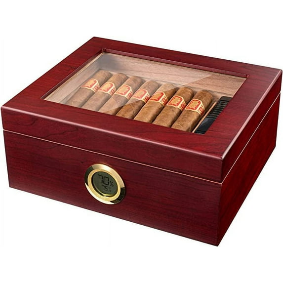 Mantello Humidor Cigar Box, Royal Glass-Top Cigar Humidors- Gifts for Men - Cigar Humidor Box for 25-50 Cigars with Digital Hygrometer & Divider - Spanish Cedar Wood Interior, Rich Cherry Finish