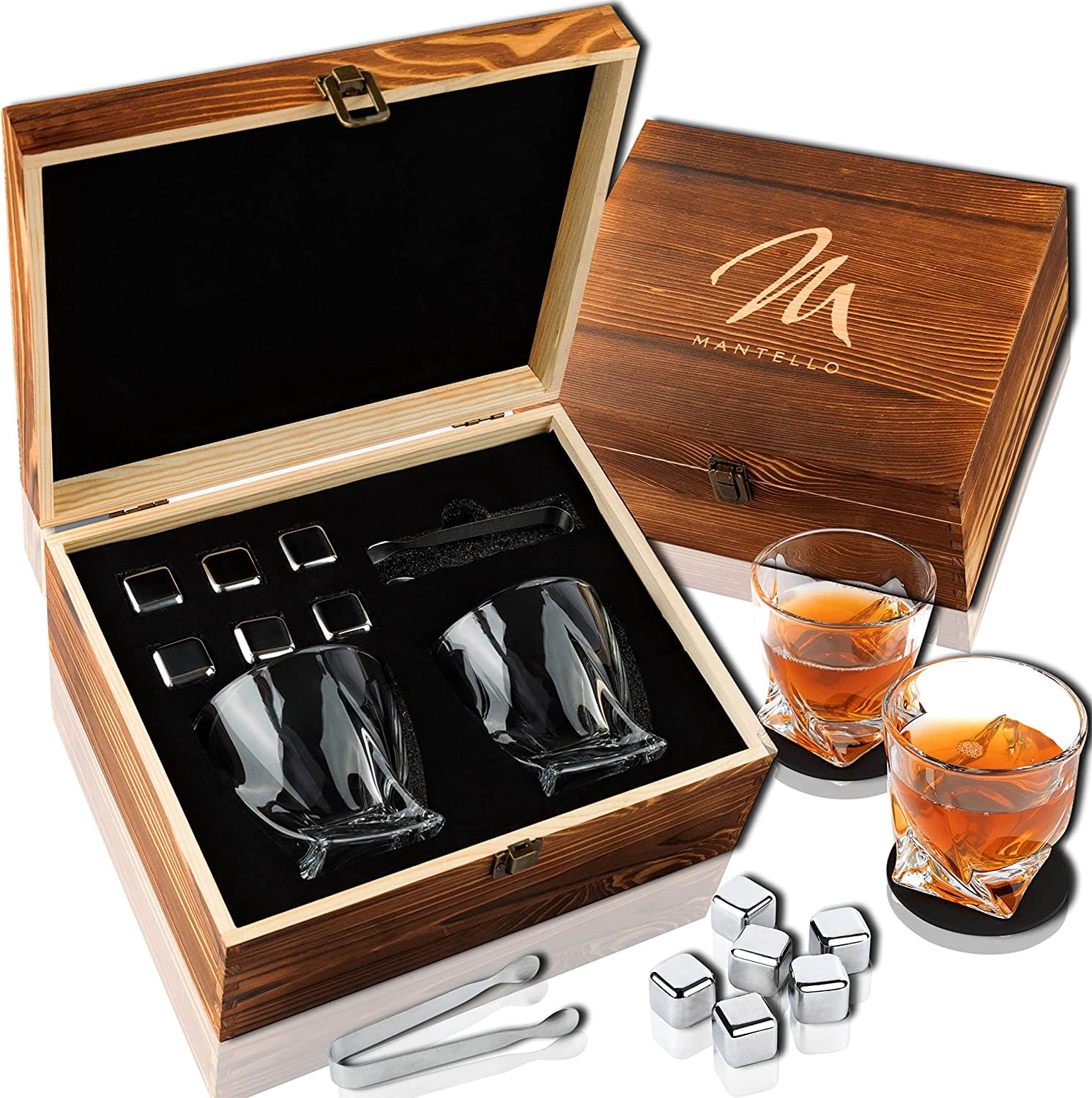 Mantello Whiskey Stones Gift Set for Men - Whiskey Glass Set of 2 with Stainless Steel Whiskey Stones - Whiskey Gifts for Men, Whisky Glasses and Whiskey Stones Rocks