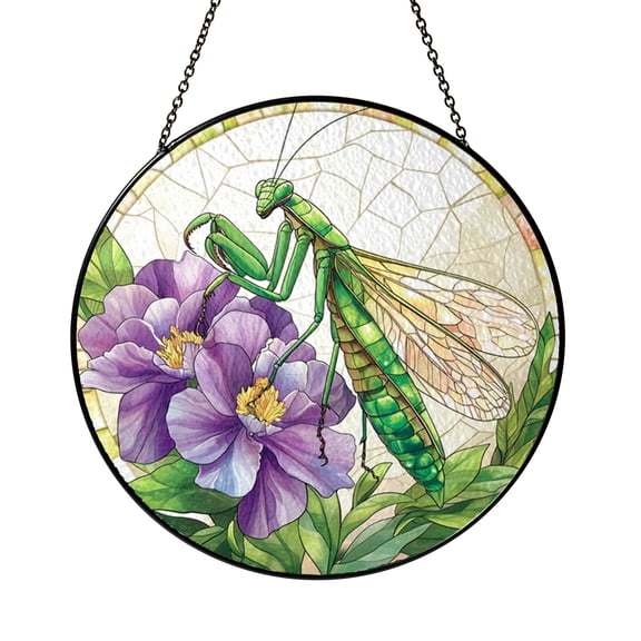 Mantis Insect Stained Glass Suncatcher – Purple Flower Window Decor