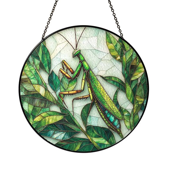 Mantis Stained Glass Style Window Decor Hanging Art Panel, Botanical Insect Inspired Decorative Accent