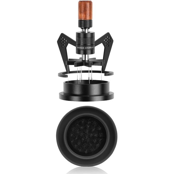 Mantis WDT Distribution Tool with Clean Brush, 58.5mm Espresso Stirrer for Barista, 8 Needle Dosing Funnel &Stand, Adjustable Height, Walnut Handle