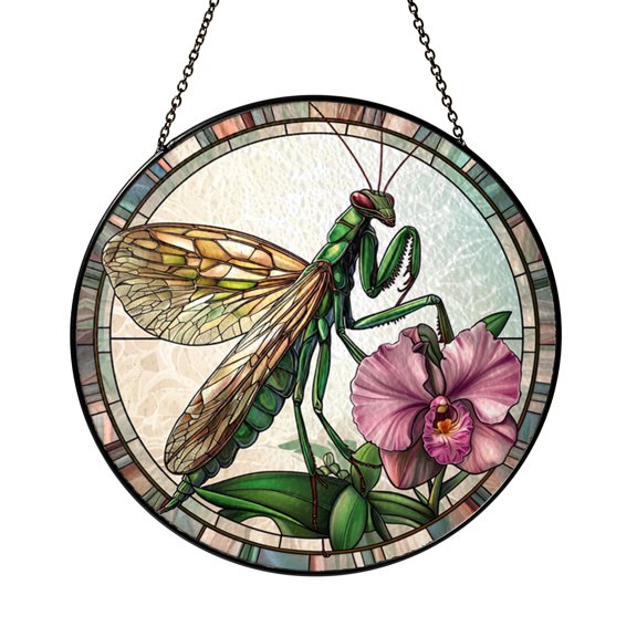 Mantis on Orchid Flower Stained Glass Suncatcher, Insect and Floral Window Hanging Decor