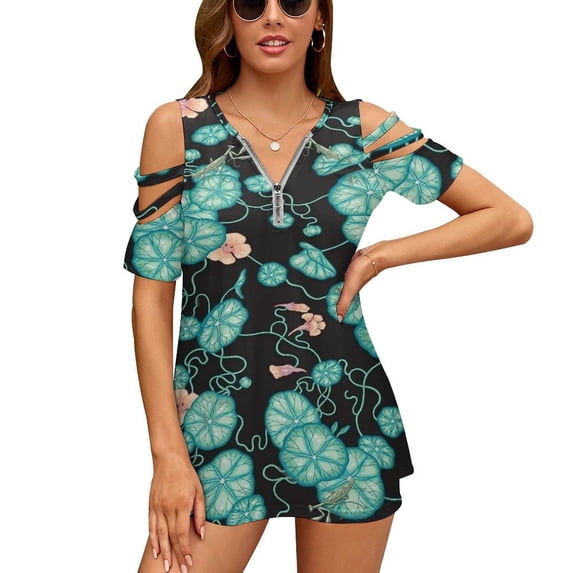 Mantises And Indian Cress Womens Summer V Neck Zipper Top Short Sleeve T Shirt Off Shoulder Top Casual Classy Loose Shirts