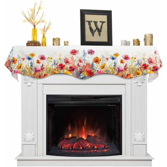 Mantle Scarf 78 x 17 Inch Spring Summer Fireplace Decorations Watercolor Oil Painting Style Flowers Mantel Cover Runner for Holiday Home Living Room Indoor Decor