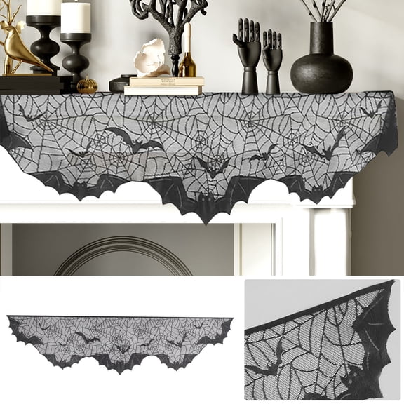 Mantle Scarf Black Spider Web Lace Cloth, Halloween Indoor Home Fireplace Decor Stove Cover