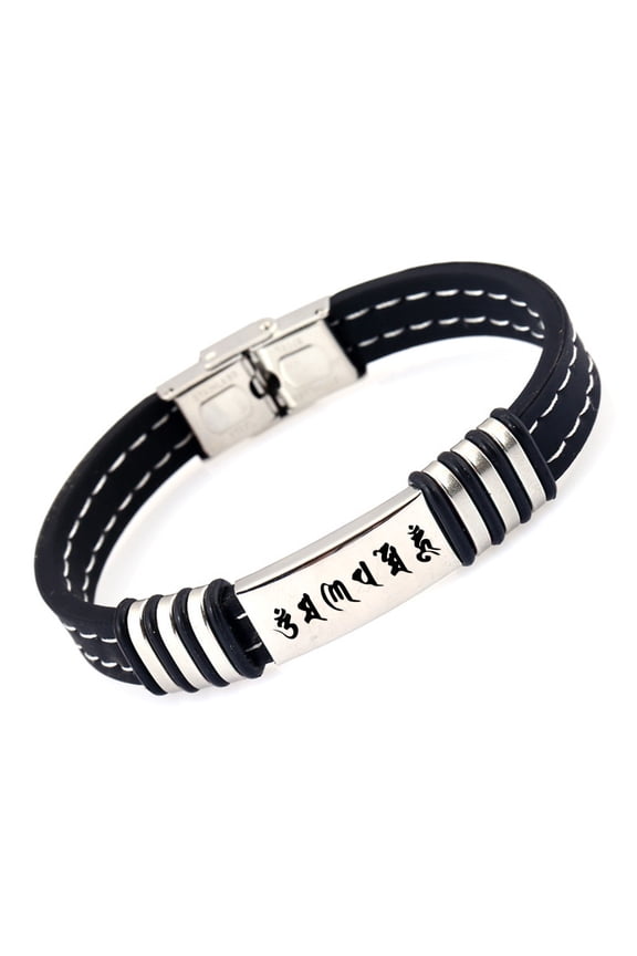 Mantra Tibetan Bracelet, Om mani Padme Hum Buddhist Sanskrit Blessing Lines Silicone Bangle with Buckle, Women Men's Buddhism Amulet Jewelry for Protection, 8.26''
