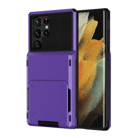 Mantto 5 Card Slots Holder Case For Samsung Galaxy S23 Ultra, Wallet Back Hidden Rugged Dual Layer PC & TPU 2 in 1 Protection Hybrid Tough Back Armor Phone Skin For Samsung Galaxy S23 Ultra, Purple