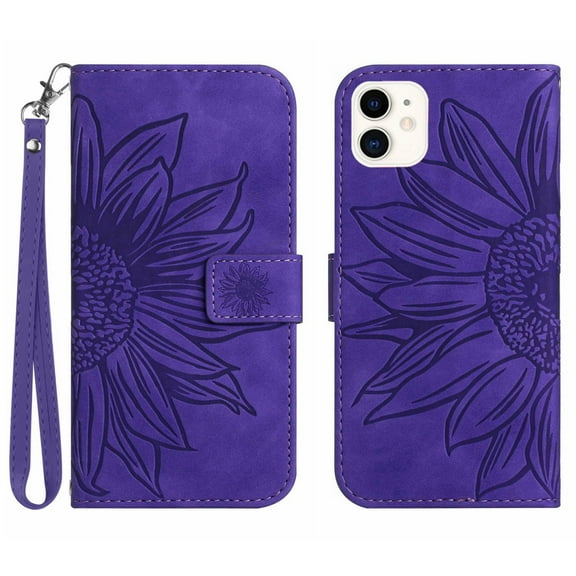 Mantto for Apple iPhone 11 6.1 inch Wallet Case with Wrist Strap,Stylish Sunflower Embossed PU Leather Shockproof Protective Magnetic Flip Stand Card Slots Protective Phone Cover,Darkpurple