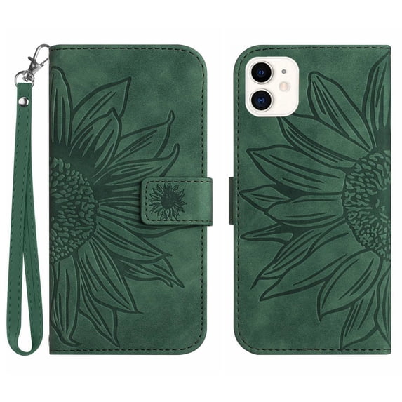 Mantto for Apple iPhone 11 6.1 inch Wallet Case with Wrist Strap,Stylish Sunflower Embossed PU Leather Shockproof Protective Magnetic Flip Stand Card Slots Protective Phone Cover,Green
