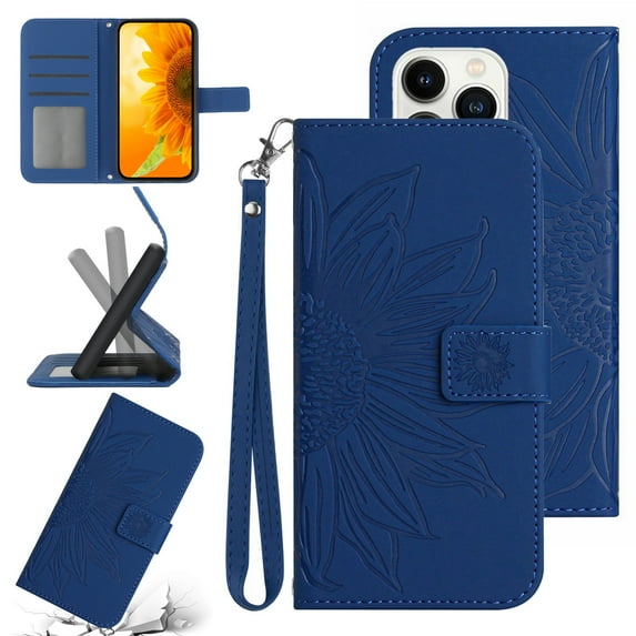 Mantto for Apple iPhone 13 Pro Max 6.7 inch Wallet Case with Wrist Strap,Stylish Sunflower Embossed PU Leather Shockproof Protective Magnetic Flip Stand Card Slots Protective Phone Cover,Darkblue