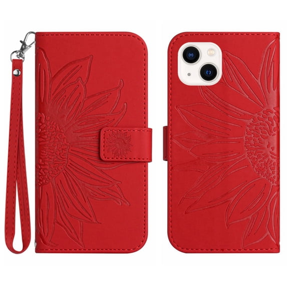 Mantto for Apple iPhone 14 6.1 inch (2022) Wallet Case with Wrist Strap,Stylish Sunflower Embossed PU Leather Shockproof Protective Magnetic Flip Stand Card Slots Protective Phone Cover,Red