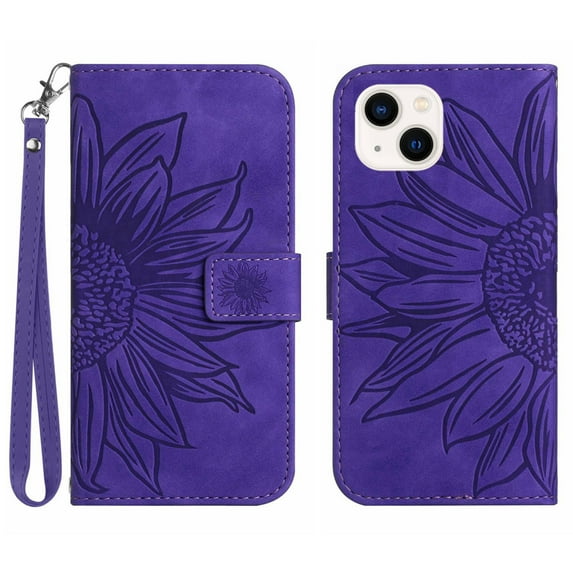 Mantto for Apple iPhone 14 6.1 inch (2022) Wallet Case with Wrist Strap,Stylish Sunflower Embossed PU Leather Shockproof Protective Magnetic Flip Stand Card Slots Protective Phone Cover,Darkpurple