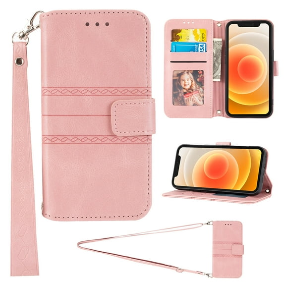 Mantto for Apple iPhone 14 6.1 inch Wallet Case, PU Leather with Long Crossbody Strap Card Slots Soft TPU Inner Shockproof Protective Flip Cover Phone Case for iPhone 14, Pink