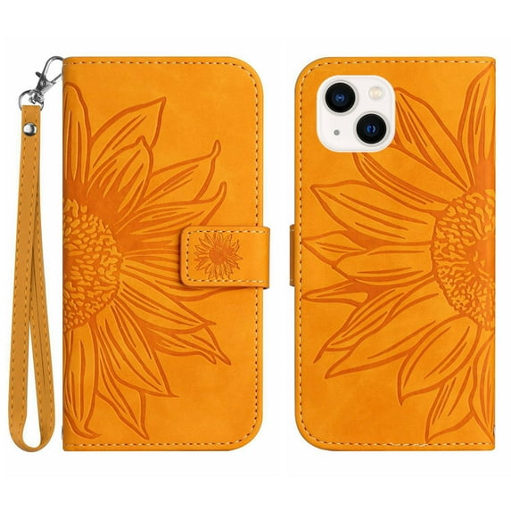 Mantto for Apple iPhone 14 Plus 6.7 inch (2022) Wallet Case with Wrist Strap,Stylish Sunflower Embossed PU Leather Shockproof Protective Magnetic Flip Stand Card Slots Protective Cover,Yellow