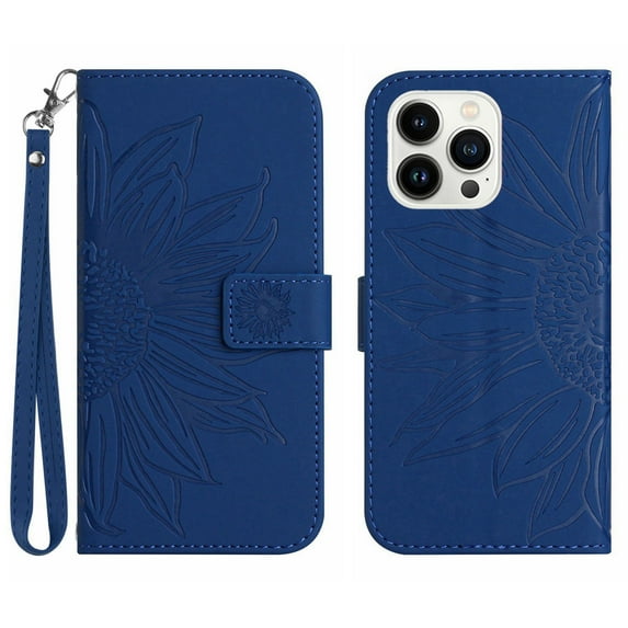 Mantto for Apple iPhone 14 Pro Max 6.7 inch Wallet Case with Wrist Strap,Stylish Sunflower Embossed PU Leather Shockproof Protective Magnetic Flip Stand Card Slots Protective Phone Cover,Darkblue