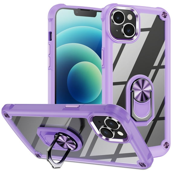 Mantto for Apple iPhone 15 (6.1 inch) Case with Metal Ring Kickstand Soft TPU Bumper Hard PC Back Clear Transparent Anti-Scratch Shockproof Slim Protective Phone Case,Purple