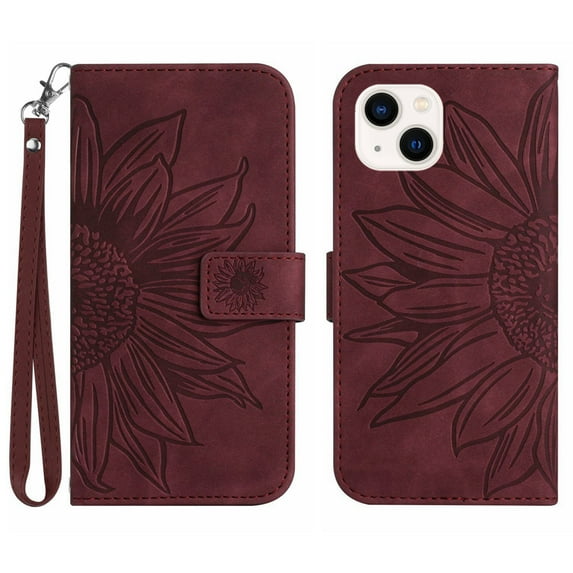 Mantto for Apple iPhone 15 6.1 inch Wallet Case with Wrist Strap,Stylish Sunflower Embossed PU Leather Shockproof Protective Magnetic Flip Stand Card Slots Protective Phone Cover,Winered