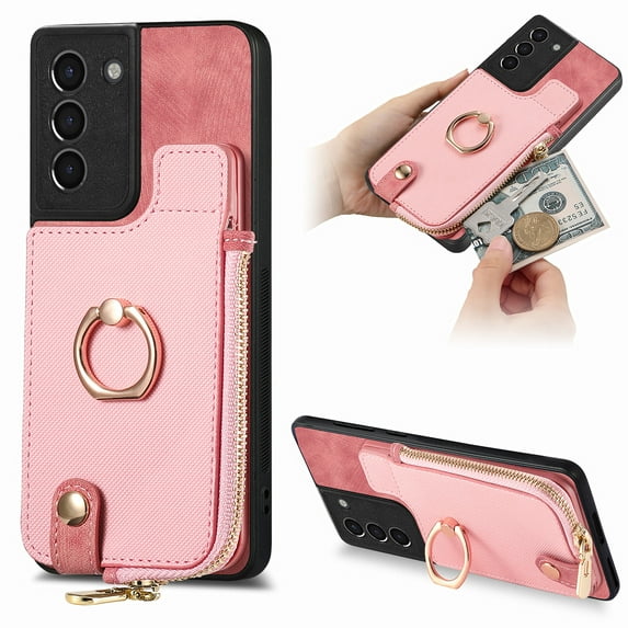 Mantto Back Case for Samsung Galaxy S21 FE, Flip Wallet Case with Credit Card Slots & Zipper Pocket, 360° Rotation Finger Ring Kickstand Shockproof PU Leather Magnetic Clasp Holder Phone Case,Pink